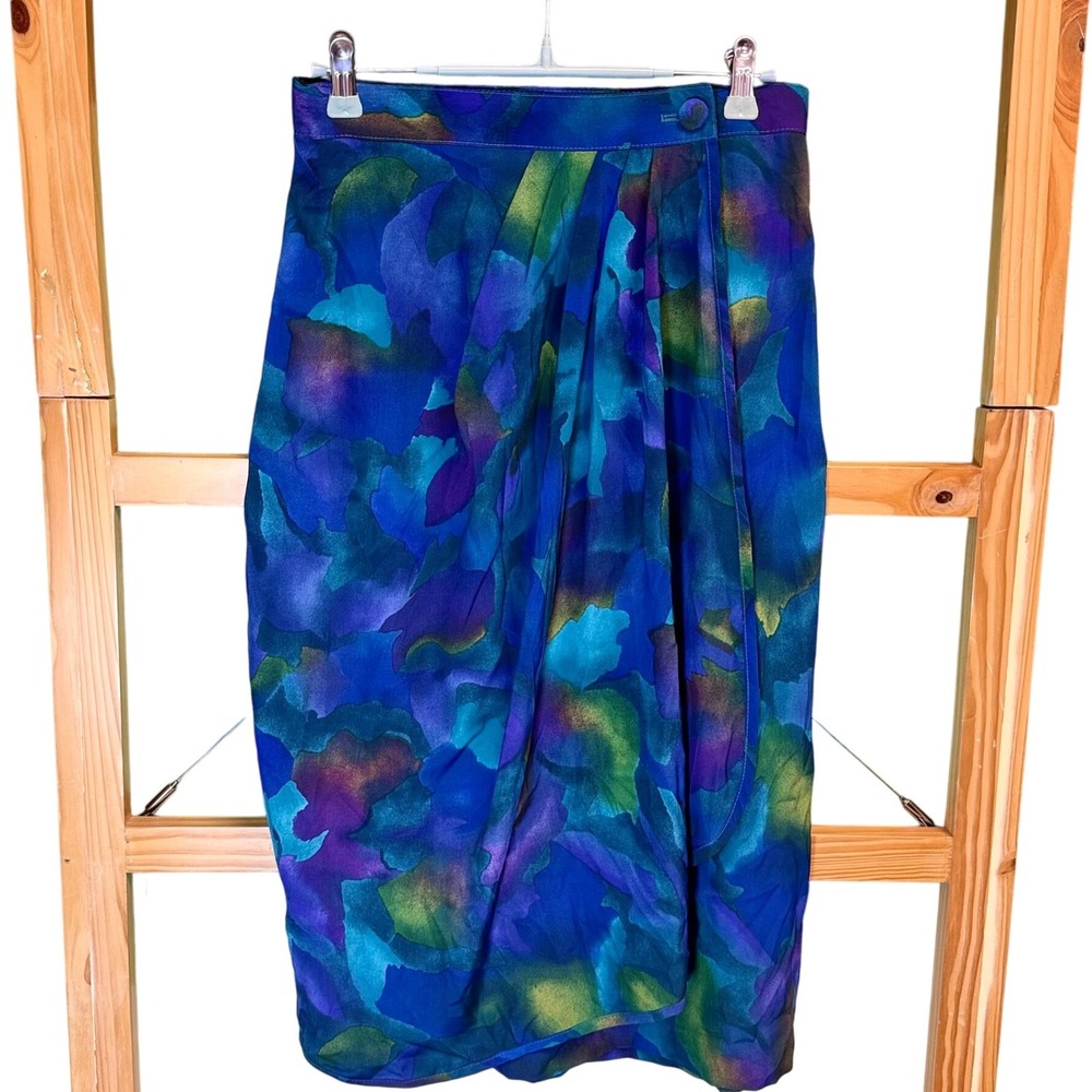 Jo Hardin Silk Vintage Skirt Blue‎ Purple Floral Tulip Pleated Size 10